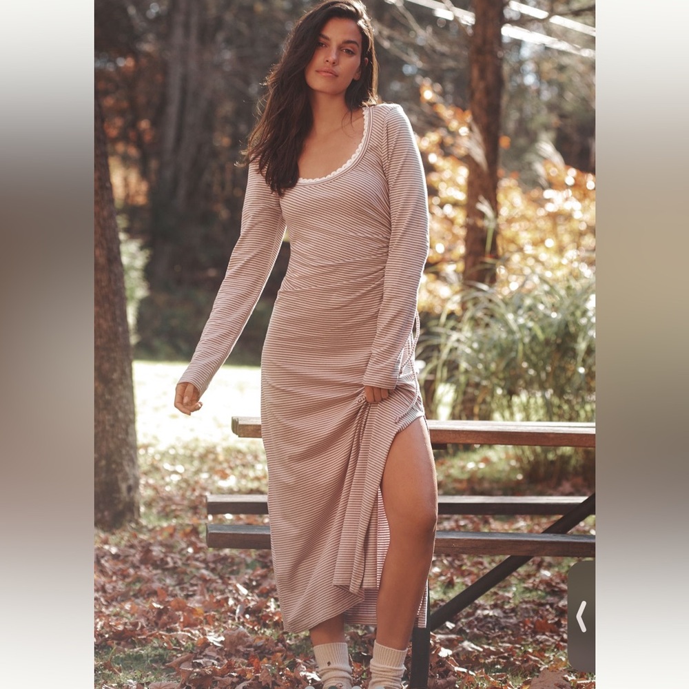 Women’s Long Sleeve Maxi Dress in Light Taupe Stripe